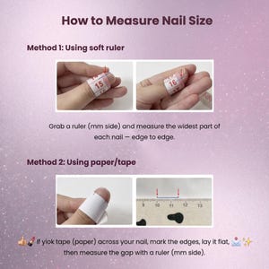 Puede incluir: Un gr&aacute;fico instructivo titulado How to Measure Nail Size. Muestra dos m&eacute;todos: el uso de una cinta m&eacute;trica suave alrededor de una u&ntilde;a, y el uso de papel o cinta marcados y medidos contra una regla plana en mil&iacute;metros.