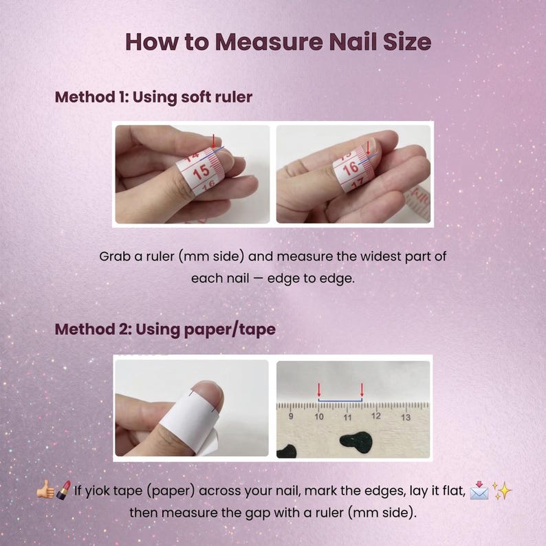 Puede incluir: Un gr&aacute;fico instructivo titulado How to Measure Nail Size. Muestra dos m&eacute;todos: el uso de una cinta m&eacute;trica suave alrededor de una u&ntilde;a, y el uso de papel o cinta marcados y medidos contra una regla plana en mil&iacute;metros.