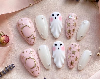 Pink Ghost Star Moon Press-On Nails, Halloween Party Set (Acrylic)