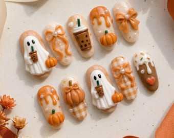 3D Halloween Ghost Boba Press On Nails, Acrylic Spooky Style Set