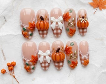 Autumn Pumpkin Maple Leaf, Press On Nails, Fall Season, Cottagecore Style, Birthday Gift