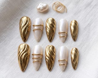 Pearl White Press-On Nails, Gold Wave Design, Bridal Luxury (Acrylic)