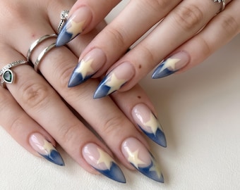 Blue Star French Tip Press-On Nails, Y2K Style Acrylic Set (Daily Wear)