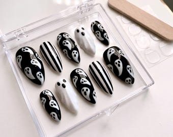 Handmade Acrylic Press-On Nails, Black White Ghost Stripes, Gothic Halloween Party Set