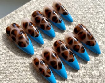 Blue Leopard Print French Press-On Nails, Y2K Chic Acrylic Style