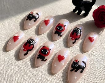 Handmade Halloween Black Cat Press-On Nails, Gothic Style Acrylic Set