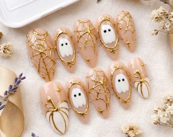 Calabaza fantasma con telaraña dorada, uñas postizas, fiesta de Halloween, estilo espeluznante de lujo, idea de regalo