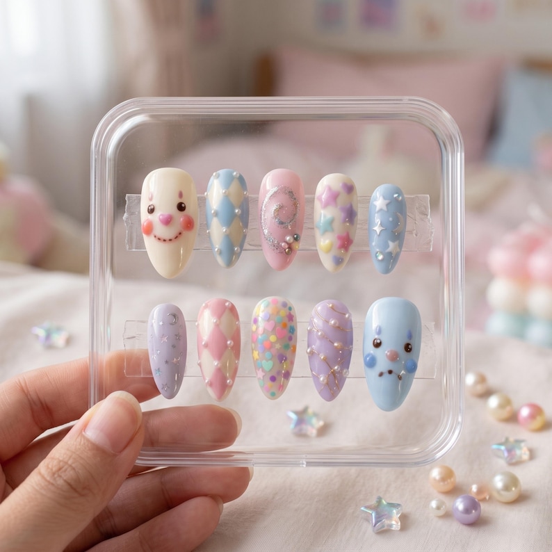Puede incluir: Un juego de diez u&ntilde;as postizas en forma de almendra en un estuche de pl&aacute;stico transparente. Los dise&ntilde;os presentan colores pastel, incluyendo caras de payaso, patrones de rombos azules y rosas con perlas, espirales brillantes y estrellas.