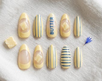 Yellow Butter Press On Nails, Summer Foodie Stripe Almond Melting 3D Texture Gift