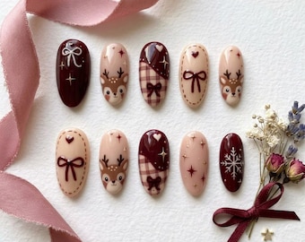 Christmas Reindeer Plaid Bow Press-On Nails, Festive Holiday Acrylic Set