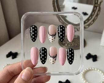 Pink Black Polka Dot French Tip Almond Press On Nails, Coquette Acrylic Set