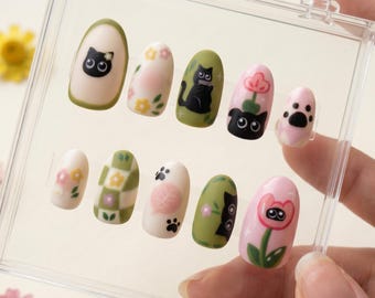 Black Cat Tulip Press On Nails, Kawaii Kitten Paw Acrylic Fake Nails