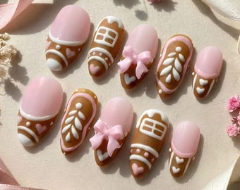 Pink Gingerbread House Press-On Nails, Acrylic Holiday Party Set