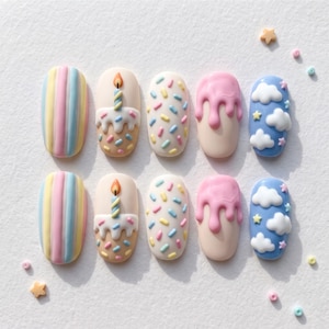 Handmade Acrylic Birthday Cake Press On Nails, Party Design, Summer Style
