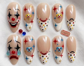 Handmade Clown Face Press On Nails, Circus Party Acrylic Set