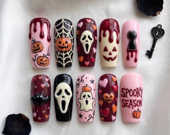 Spooky Season Ghost Scream Press-On Nails, Gothic Pink Style, Halloween Party (Acrylic)
