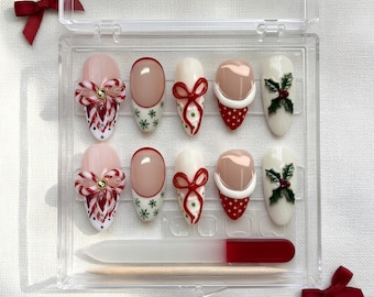 Handmade Acrylic Press-On Nails, Candy Cane Bow, Holiday Festive Style
