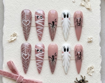 Pink Ghost Spiderweb Heart Press-On Nails, Halloween Party Set (Acrylic)