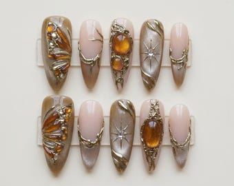 Amber Stone Chrome Star Press-On Nails, Y2K Luxury Acrylic Set