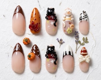 Handmade Acrylic Press-On Nails, Black Cat Pumpkin Halloween Set