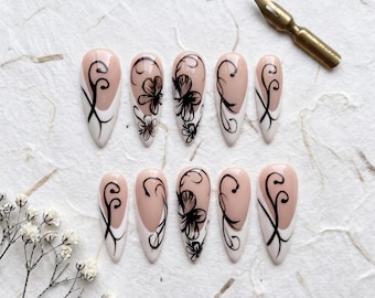 Handmade Acrylic Press-On Nails, Black Swirl French Floral, Gothic Chic Style