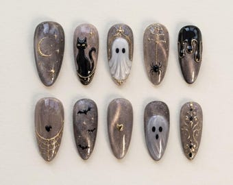 Spooky Ghost Cat, Press on Nails, Halloween Party, Gothic Spooky Style