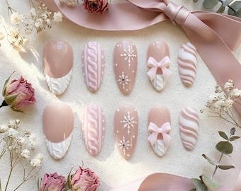Lazo de punto con copo de nieve de invierno, uñas postizas, fiesta navideña, estilo coqueto y adorable, idea de regalo.