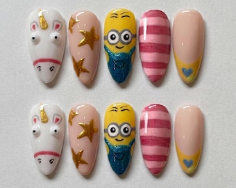 Hand Painted Minion Unicorn Press On Nails, Cartoon Almond False Nails