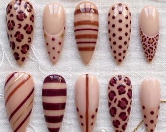 Brown Leopard Polka Dot, Press On Nails, Trendy Party, Chic Stiletto, Birthday Gift
