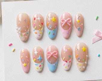 Colorful Sprinkles and Bow Press-On Nails, For Birthday Party, Sweet Style, Gift For Her