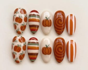 Handmade Acrylic Press-On Nails, Pumpkin Stripe Swirl, Autumn Harvest Style