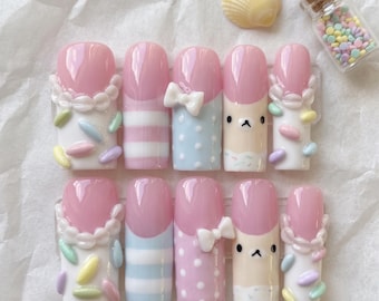 Pastel Bow Bear French Tip Press-On Nails, Kawaii Y2K Style (Acrylic)