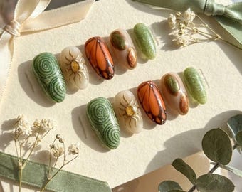 Green Butterfly Sun, Press on Nails, Nature Lover, Earthy Boho Style, Special Treat