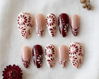 Boho Floral Press On Nails, Artisan Hand-Painted Nail Art, Maroon Botanical Set