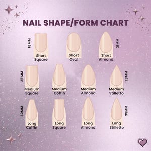 Puede incluir: Una tabla de formas de u&ntilde;as sobre un fondo morado con detalles de purpurina. Muestra doce formas de u&ntilde;as etiquetadas como Short Square 18mm, Short Oval, Short Almond 21mm, Medium Square 25mm, Medium Coffin, Medium Almond, Medium Stiletto 28mm, Long Coffin 30mm, Long Square, Long Almond y Long Stiletto 35mm.