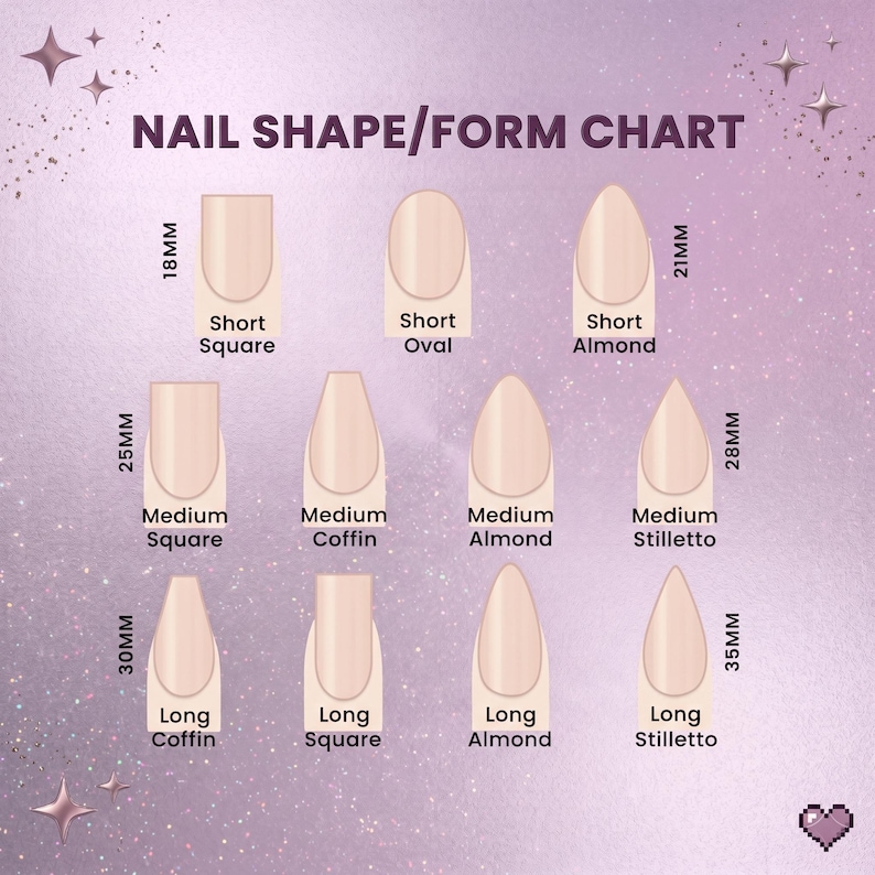 Puede incluir: Una tabla de formas de u&ntilde;as sobre un fondo morado con detalles de purpurina. Muestra doce formas de u&ntilde;as etiquetadas como Short Square 18mm, Short Oval, Short Almond 21mm, Medium Square 25mm, Medium Coffin, Medium Almond, Medium Stiletto 28mm, Long Coffin 30mm, Long Square, Long Almond y Long Stiletto 35mm.