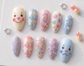 Pastel Clown Press-On Nails, For Party Wear, Y2K Harajuku Style, Gift For Her