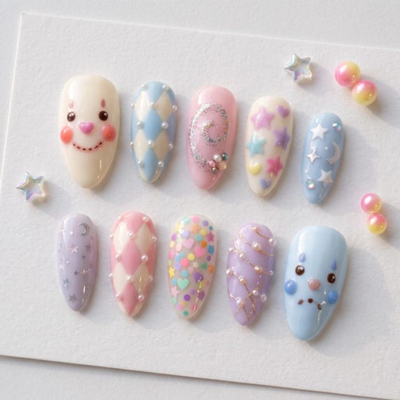 Pastel Clown Press-On Nails, For Party Wear, Y2K Harajuku Style, Gift For Her