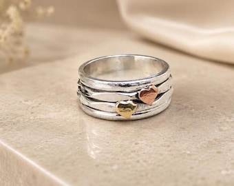 Sterling Silver Heart Spinner Ring, Mixed Metal Anxiety Fidget Band