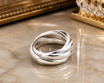 Anillo entrelazado de plata de ley, alianza de boda rusa minimalista.