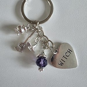 Witch Keyring, Pendant of charms, including a broomstick, hat, cauldron and crystal