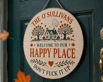 Autumn Cottage Family Door Sign, Personalized Fall Round Door Hanger with Name, Custom New Home Gift