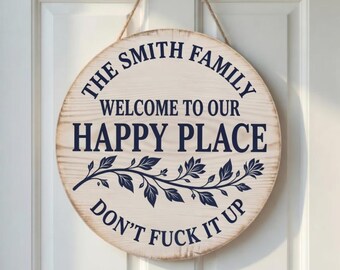 Personalized Family Door Sign, Wood Look Round Welcome Sign with Name, Housewarming Gift for New Home