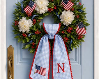 Personalized USA Flag Wreath Sash, Embroidered Summer Toile Front Door Bow, Custom Monogram Seersucker 4th of July Decor
