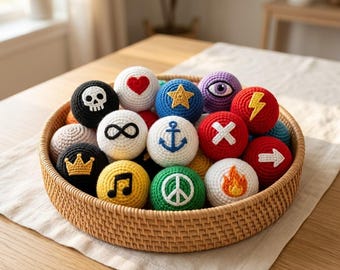 Icon Hacky Sack Set, Hand Crochet Symbol Footbag, Retro Juggling Balls, Handmade Fidget Stress Relief Toy Gift