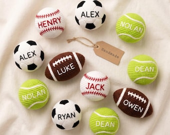 Personalized Sports Hacky Sack Set, Handmade Crochet Footbag Balls, Custom Name Soccer Baseball Tennis Gift