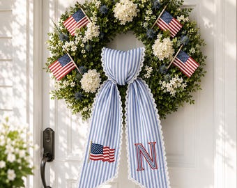 Personalized USA Flag Wreath Sash, Embroidered Monogram Front Door Bow, Seersucker 4th of July Decor