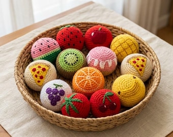 Food Hacky Sack Set, Hand Crochet Fruit Footbag, Cute Pizza & Fruit Juggling Balls, Handmade Fidget Toy Gift