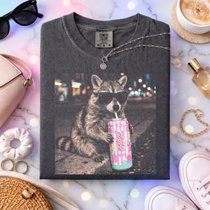 Pu&ograve; includere: Una t-shirt grigio antracite a girocollo con una stampa grafica di un procione che indossa occhiali da sole neri e tiene in mano una lattina a righe rosa e bianche con la scritta Alani. La maglia ha un'etichetta Comfort Colors sul collo.