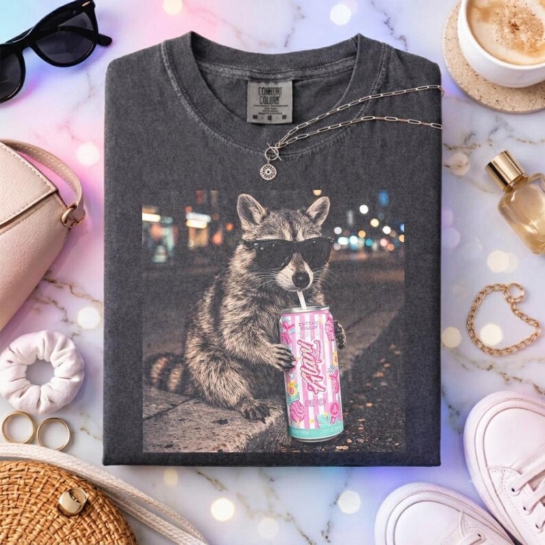 Pu&ograve; includere: Una t-shirt grigio antracite a girocollo con una stampa grafica di un procione che indossa occhiali da sole neri e tiene in mano una lattina a righe rosa e bianche con la scritta Alani. La maglia ha un'etichetta Comfort Colors sul collo.